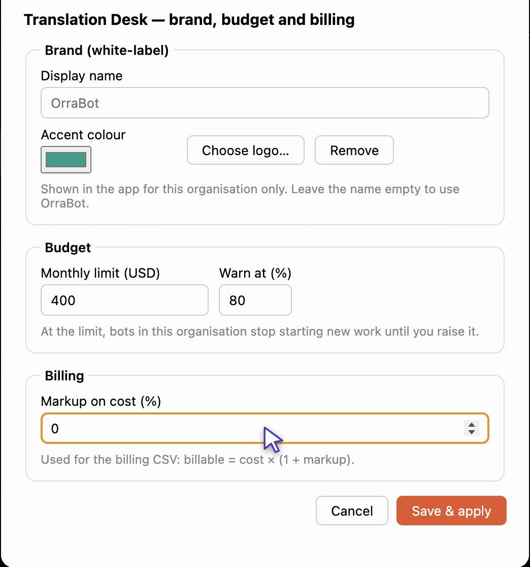 Budgets, billing and brand in OrraBot